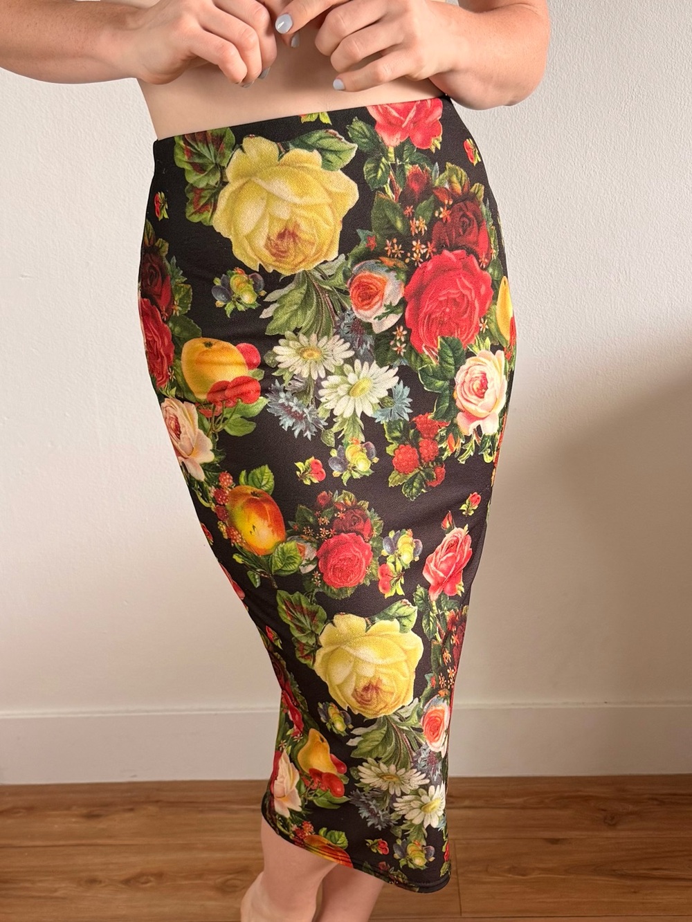 Missguided Black Floral Midi Skirt with Red & Yellow Roses